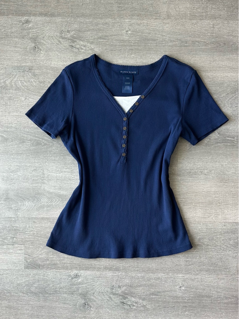Karen Scott Navy Short-Sleeve Henley Tee with White Layered Y2K